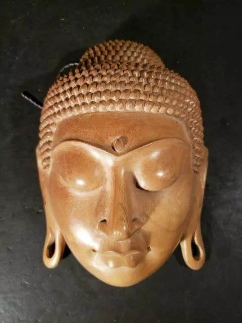 Wood Buddha Statue Face Hand Carved Art Sculpture 3-D Wall Hanging Rare Vintage