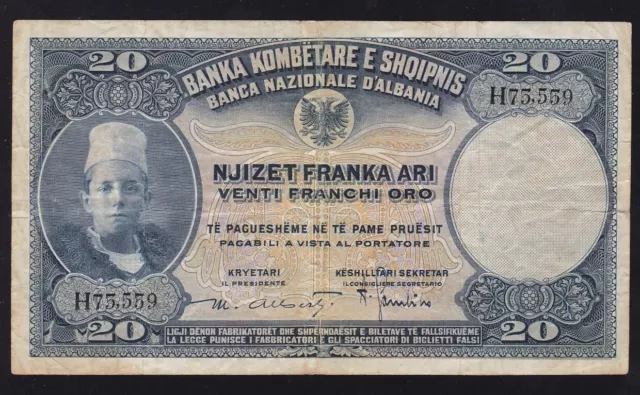 ALBANIA ---  20 FRANKA ARI  1926  ---- F+ --- P-3a -----