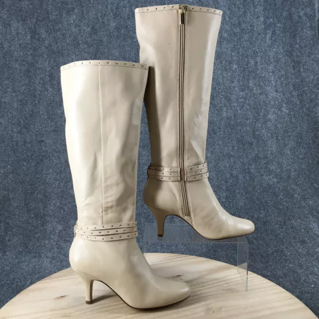 Bandolino Boots Womens 7.5 M Mixie Tall Riding Knee High Beige Leather Zip Heels