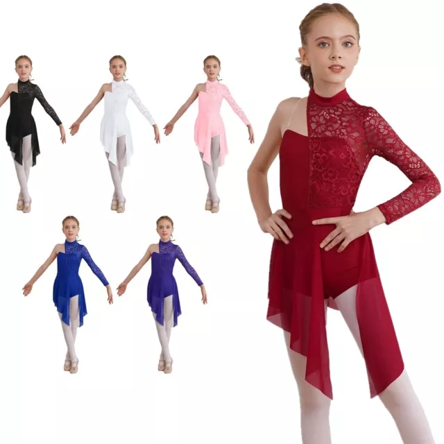 Kids Girls Figure Skating Leotard Dress Keyhole Back Lyrical Dance Dress Latin