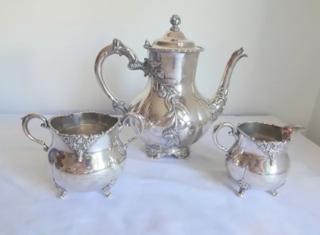 Vtg Victorian Roses Silver Plate Numbered Tea Coffee Pot + Sugar Creamer Lot