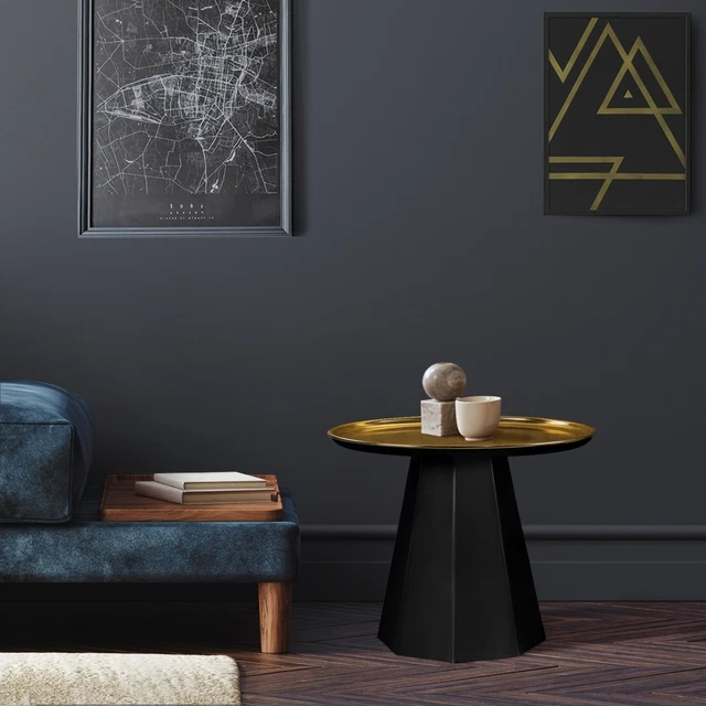 Mesa auxiliar oro negro redonda de sofá mesita con bandeja metálica 45x45x50 cm