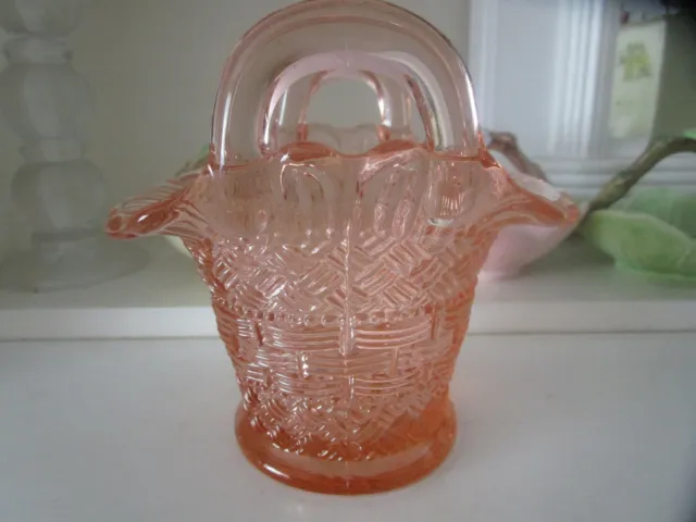 Vintage Dugan Glass Pink Basket Weave Design Basket
