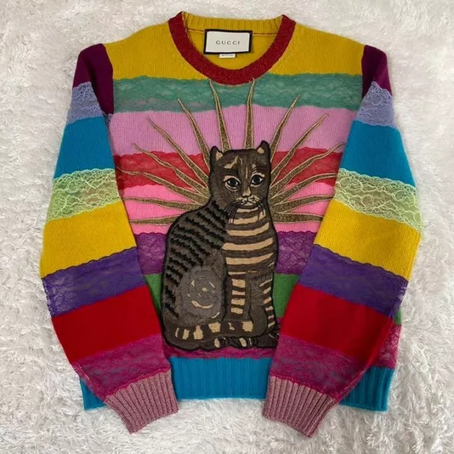 GUCCI Cat Embroidery Rainbow Knit Sweater Cardigan Women Size S Multicolor Rare