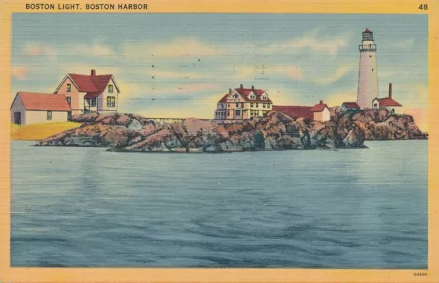 Boston MA, Massachusetts - Boston Light House in Boston Harbor - pm 1942 - Linen