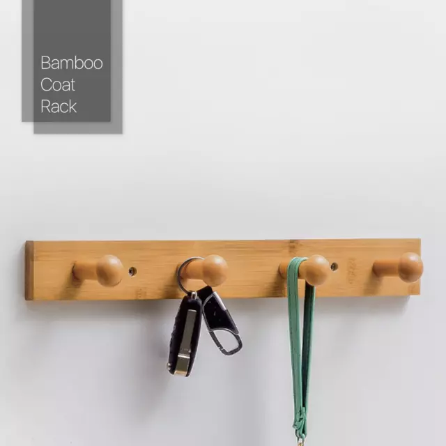 Hallway 15" Natural Bamboo[4 HOOKS]Wall Mounted Coat Rack Hat Hanger Keys Holder