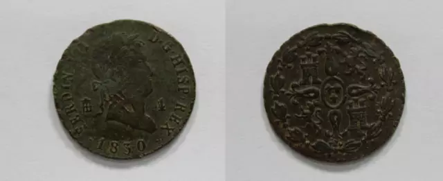 FERNANDO VII  Moneda 4 Maravedis 1830  Ceca Segovia, España.  Bonita Patina