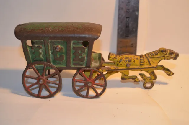 Cast iron horse drawn ice truck, 1920's, orig. paint
