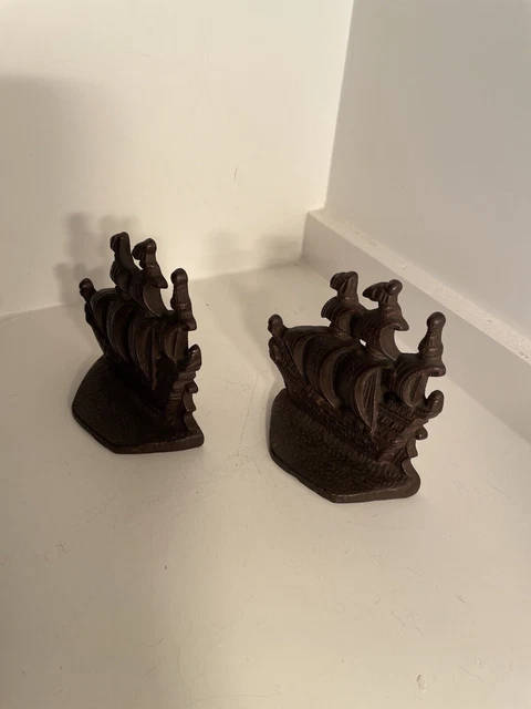 Two Vintage Bronze Rustic Solid Iron Nautical Sail Boat Ship 4” Tall Book Ends