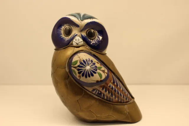 Vintage Tonala Owl Ceramic and Brass Tonala Mexican Pottery Folk Owl