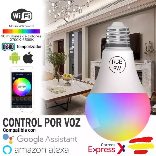 Bombilla inteligente 9W LED RGB y Blanco regulable iOS Android Smart Life WiFi