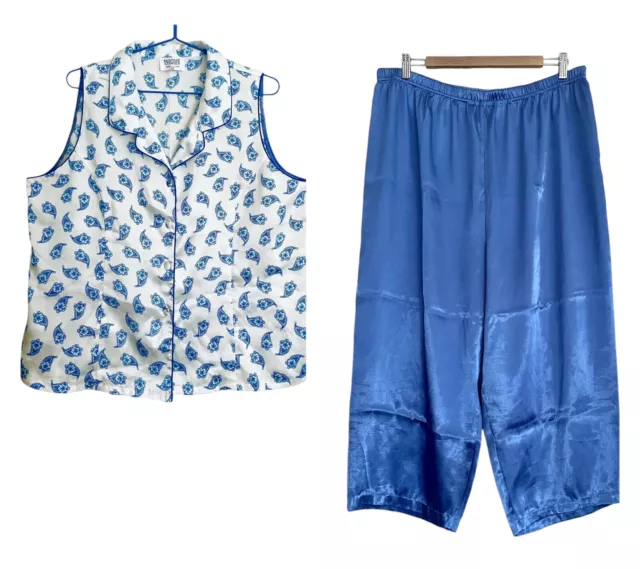 Women’s Size 18-20-22 Blue Satin Pyjama PJs Set, Sleeveless Top 3/4 Length Pants