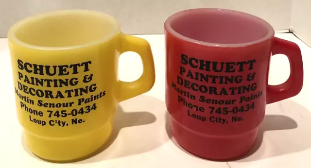 2 Vintage Anchor Hocking Mugs Schuett Painting Loup City Nebraska Oven Proof