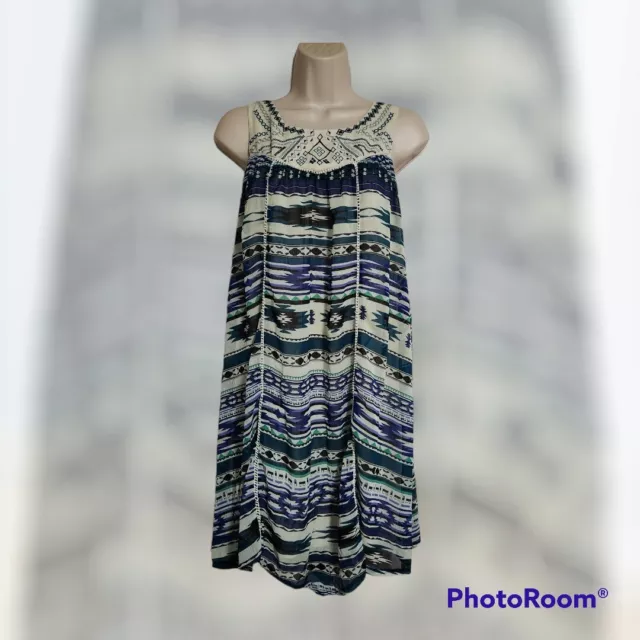 Xhilaration Womens Blue Shift Dress Aztec Geo Embroidered Sleeveless Medium