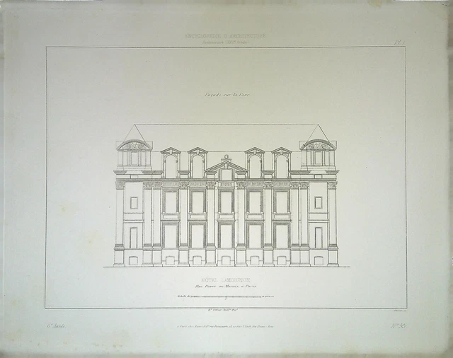 Ancienne Gravure d'Architecture - Hôtel LAMOIGNON rue pavée à Paris