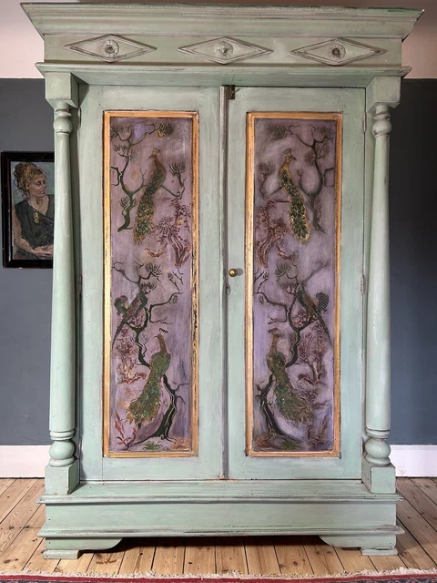 Vintage French Painted Pine Armoire/wardrobe With Inlaid Chinoiserie Panels