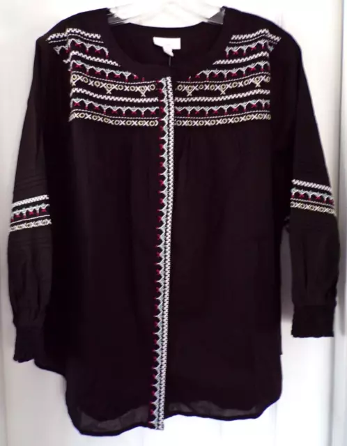 Nwt New Spring J. Jill Medium Embroidered Smocked Sleeve Top Black Multi $89.00