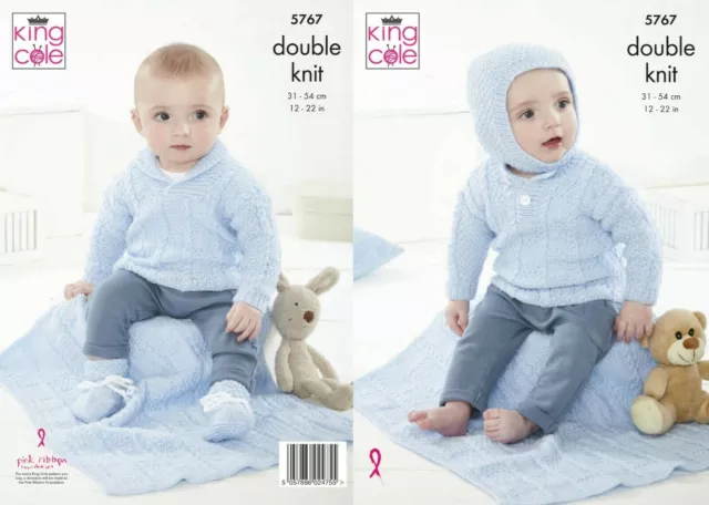 KING COLE Knitting Pattern Double Knit Baby Sweater,Helmet,Bootee 12-22ins -5767