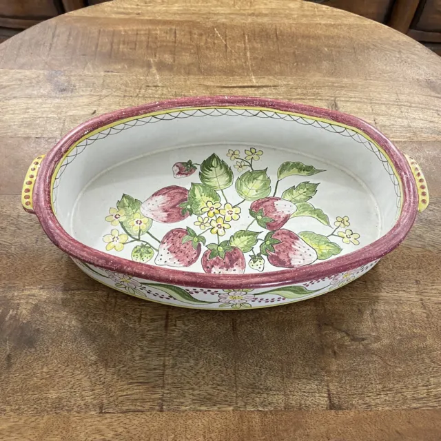 Vintage Italian Hand Painted Pottery Terracotta Oval Baking Dish Strawberries