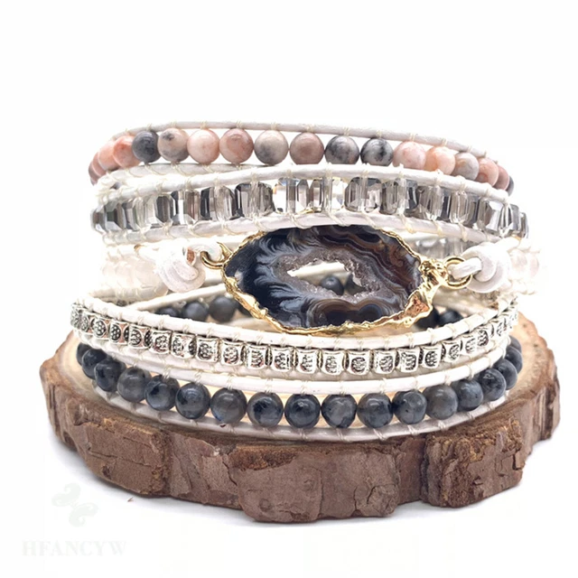 Natural Agates Wrap Bohemia Weave Leather Bracelet Lucky Energy Ethnic Boho Diy