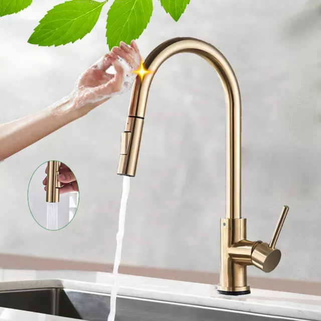 Brushed Gold Smart Sensor Kitchen Sink Faucet Pull Out Mixer Touch Control Tap