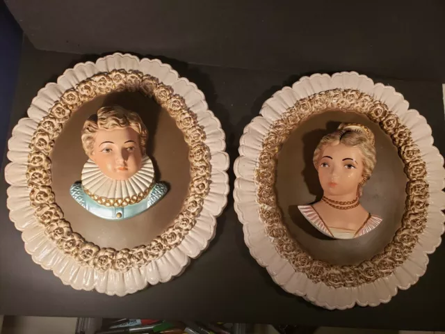 3D Victorian Beautiful Boy Girl Bisque Plaster Wall Plaque 16x14" Vintage
