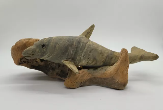 Hand- Carved WOOD DOLPHIN Figurine Mounted on Driftwood Vintage