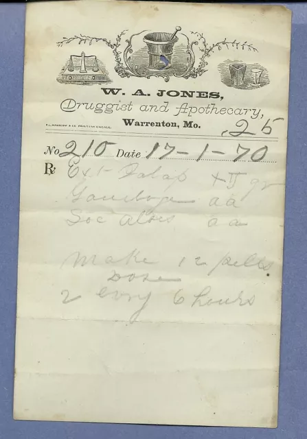 1870 WA Jones Druggist Apothecary Warrenton Missouri Prescription Receipt No 210