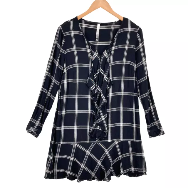 Kensie Women's Black & White Plaid Long Sleeve V-Neck Ruffled Mini Dress Size M