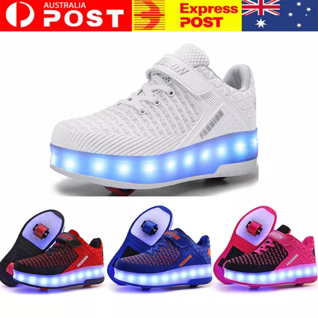 Kids Wheel Shoes Sneakers LED Light UP USB Rechargeable Roller Skates AU