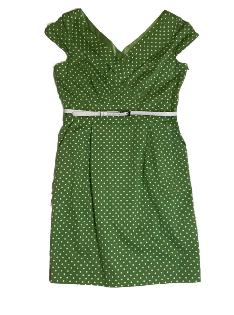 NWOT Tahari ASL Levine Green White Polka Dot Belted Sheath Dress Size 14