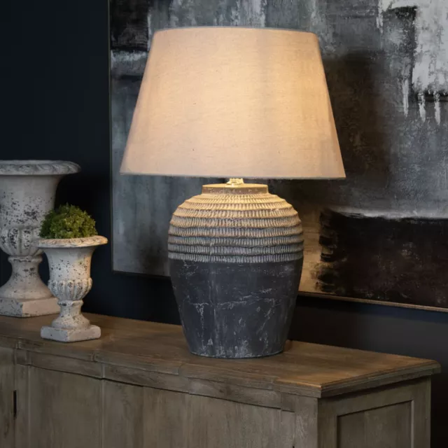 Large Grey Stone Table Lamp with Linen Shade Rustic Neutral Home Decor 67 cm