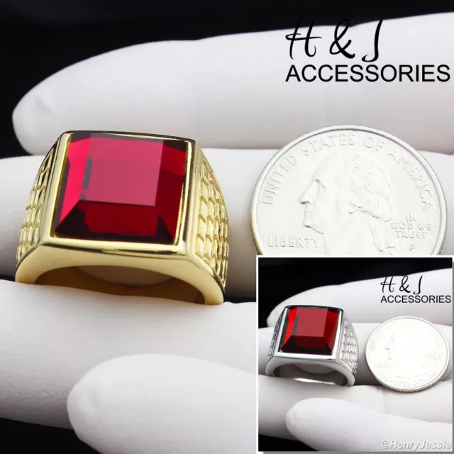 MEN's Stainless Steel Silver/Gold Plated Simulated Ruby Ring Size 8-13*AR81