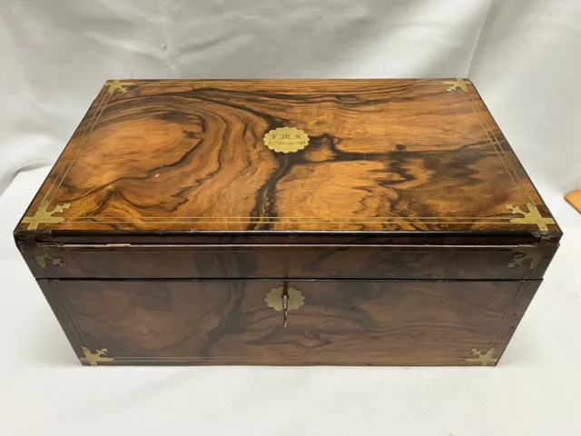 Antique Double Fold Locking Writing Box Walnut Brass with Inkwell 1904