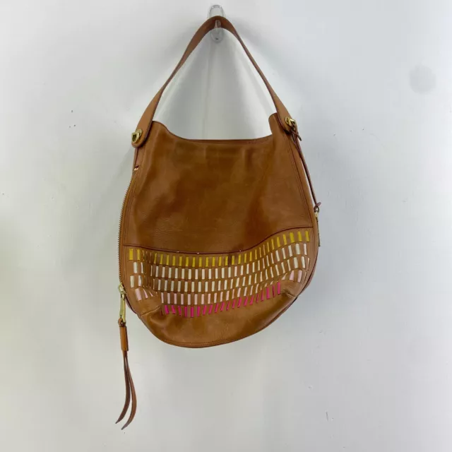 Fossil Keyper Tan Leather Embossed Woven Boho Hobo Shoulder Tote Bag Purse