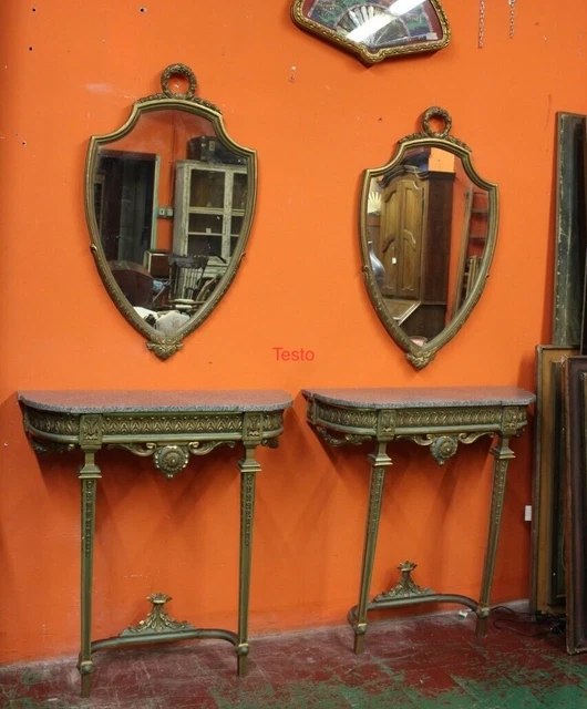 Stupenda Coppia Consolle Laccate Con Specchi A Scudo Epoca Xx Sec