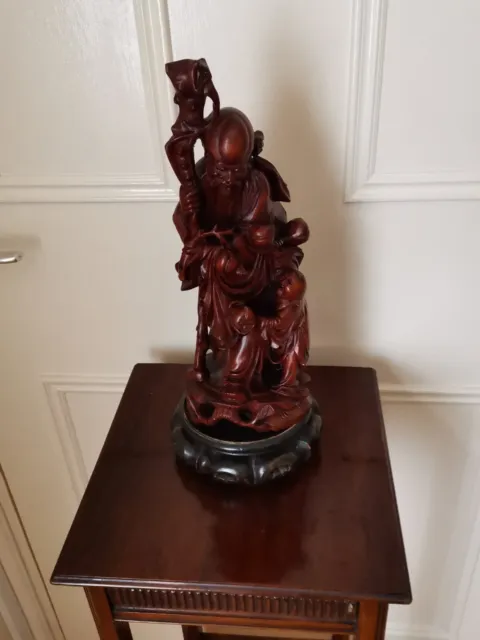 Vintage Chinese Wood Carving of Shou Lao Shou Xing with Child
