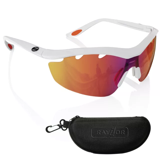 RayZor White Sports Wrap Sunglasses Uv400 Vented Red Mirrored Lens RRP£49 (612)