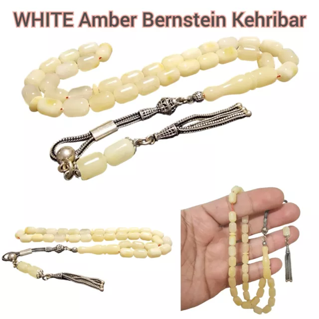 Tesbih Tespih WHITE Damla Kehribar Amber Bernstein 10 Gr Rosary Prayerbeads