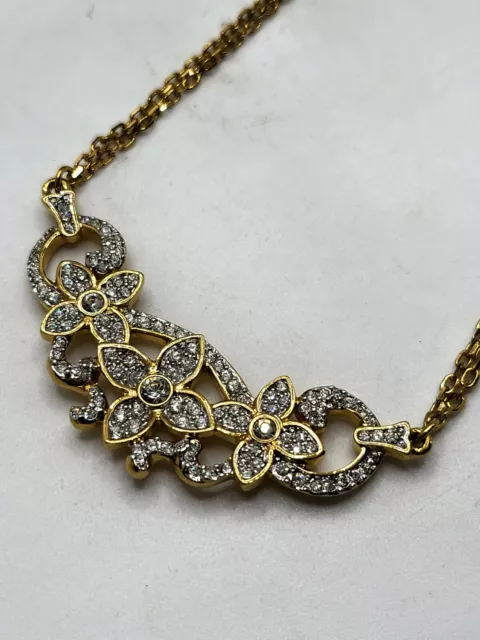 Vtg Swarovski Swan Signed Flower Art Nouveau Bar Double Chain Necklace Goldtone