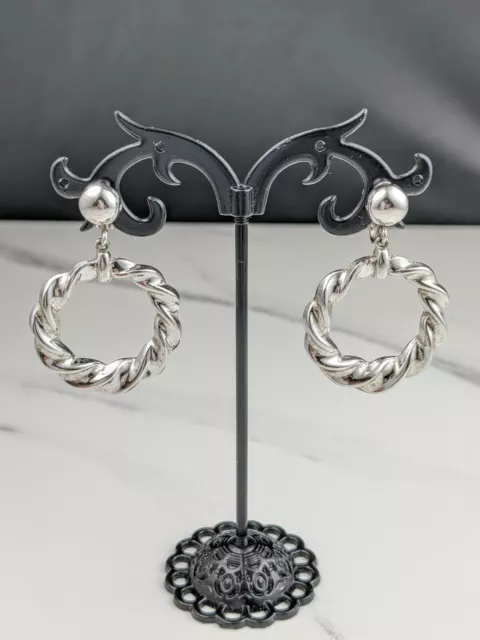 Lovely Vintage Silver-tone Dangles Hoop Clip Earrings by Trifari Jewellery