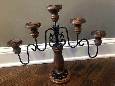 Vintage Homco Five Arm Wrought Iron & Wood Candle Holder Candelabra