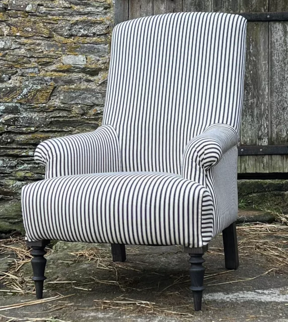 Hand Made Stunning French Armchair Louis Style In Black Cotton Stripe Ticking