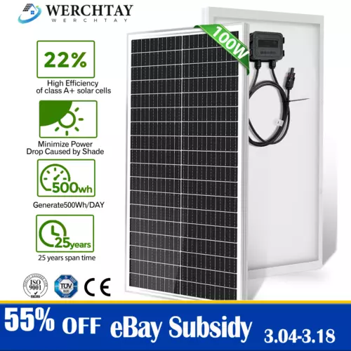 100W Watt 12V Monocrystalline Solar Panel Charger RV Camping Home Off-Grid 12BB