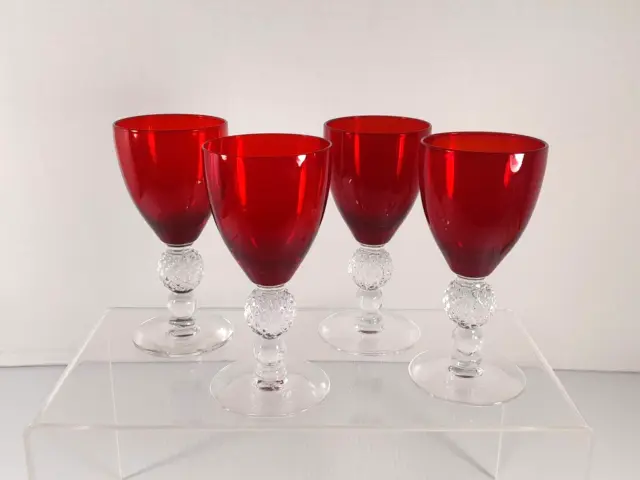 4 Vtg MCM Morgantown Golf Ball Stem Ruby Red Elegant Glass Cordial Goblets 4.75"