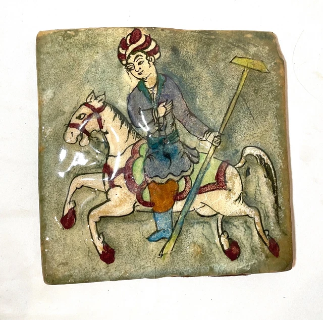 antique handmade Middle Eastern man on horseback figural pottery wall tile art