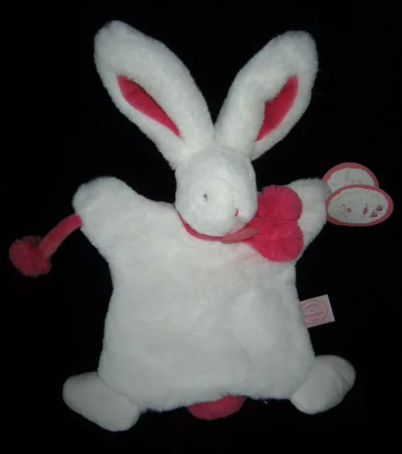 Doudou & Compagnie Marionnette Lapin blanc et rose fraise Pompon DC2742 25 cm