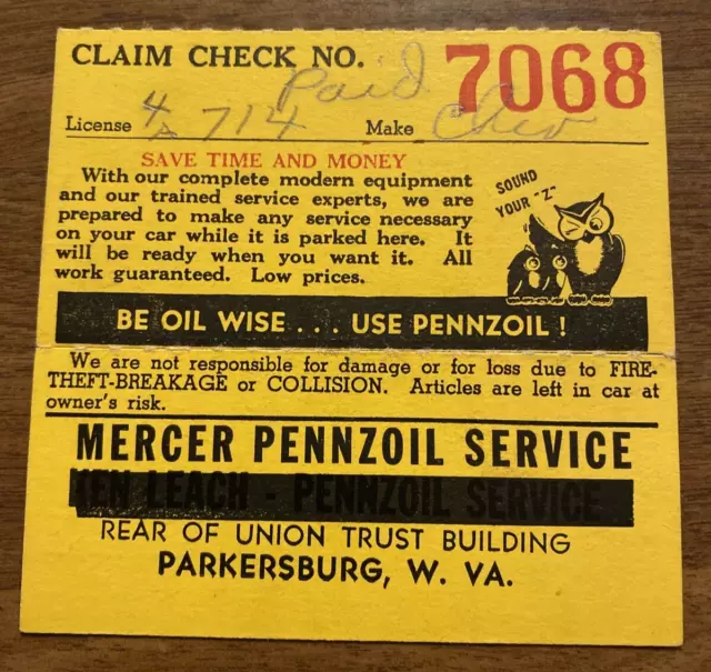 1940s Mercer Pennzoil Service Receipt Motor Oil Advertising Parkersburg WV P6a