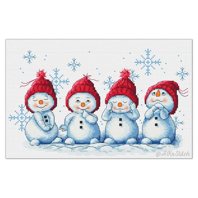 4 Little Snowmen Cross Stitch PDF Pattern Chart Digital Download, Cute Christmas