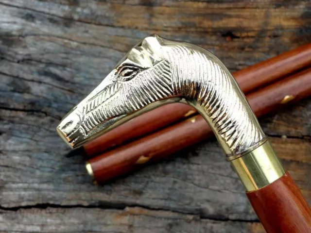 Solid Brass Designer Horse Handle Vintage Wooden Walking Stick Nautical Cane New